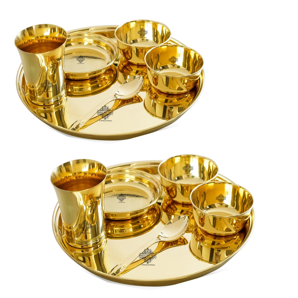 IndianArtVilla Brass Gold Shine Finish Design Thali Set | Dinner Set, Lead Free, Light weight, 6 Piece