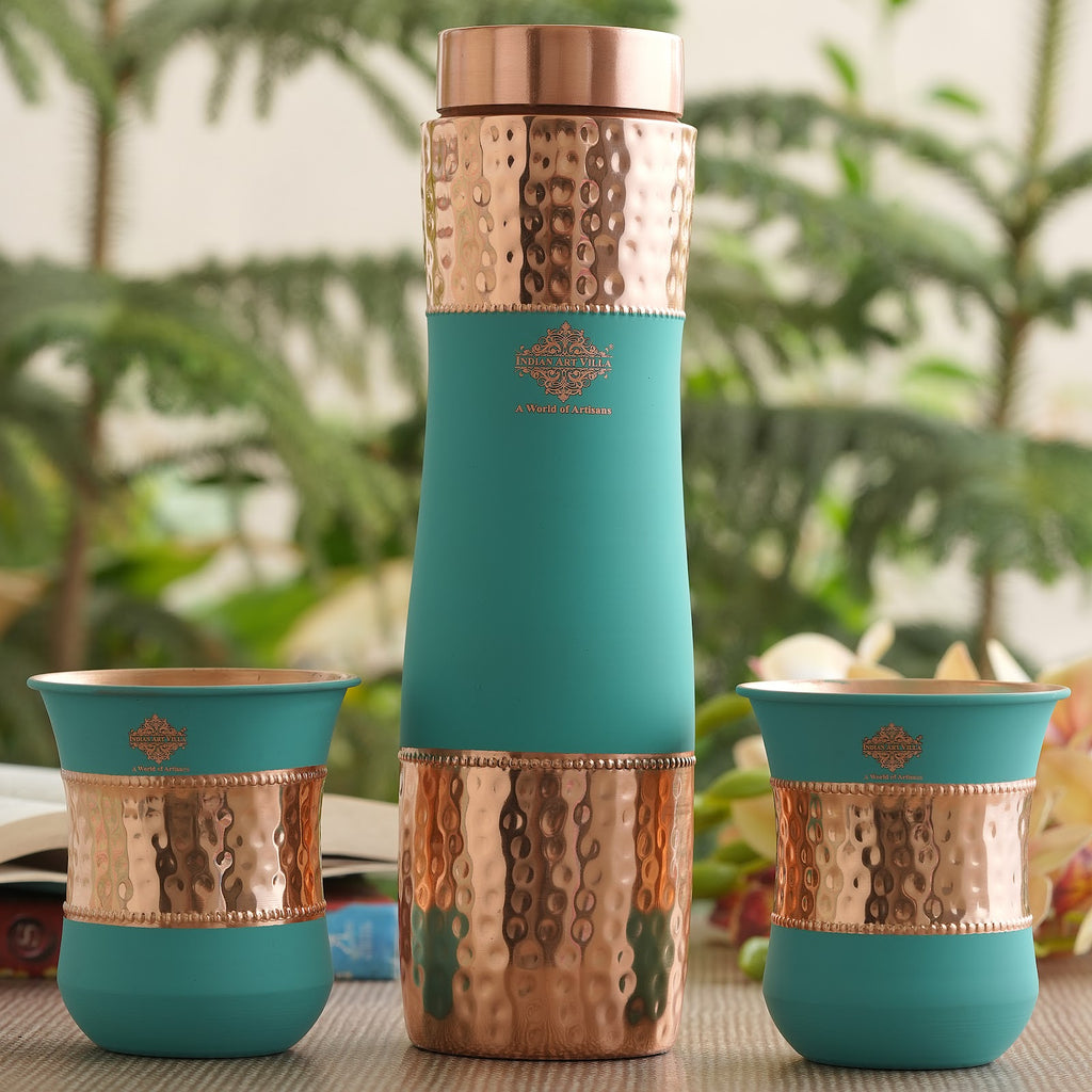 Indian Art Villa Pure Copper Drinkware Gift Set of 2 Glass and 1 Bottle in Turquoise Silk Finish Design