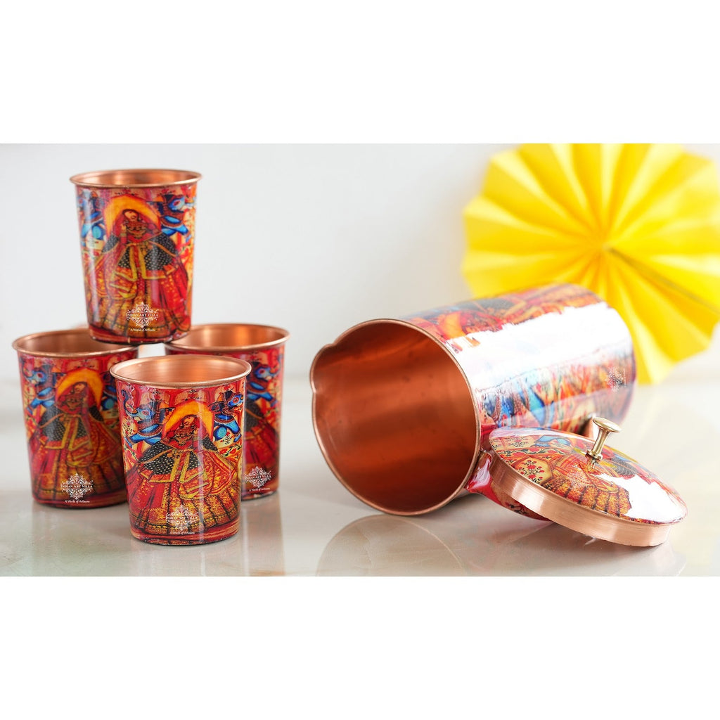 Indian Art Villa, Rajasthani Meena "Padharo Mhare Desh" Printed theme Copper Jug & Glass Gif Set, Ayuvedic Drinkware