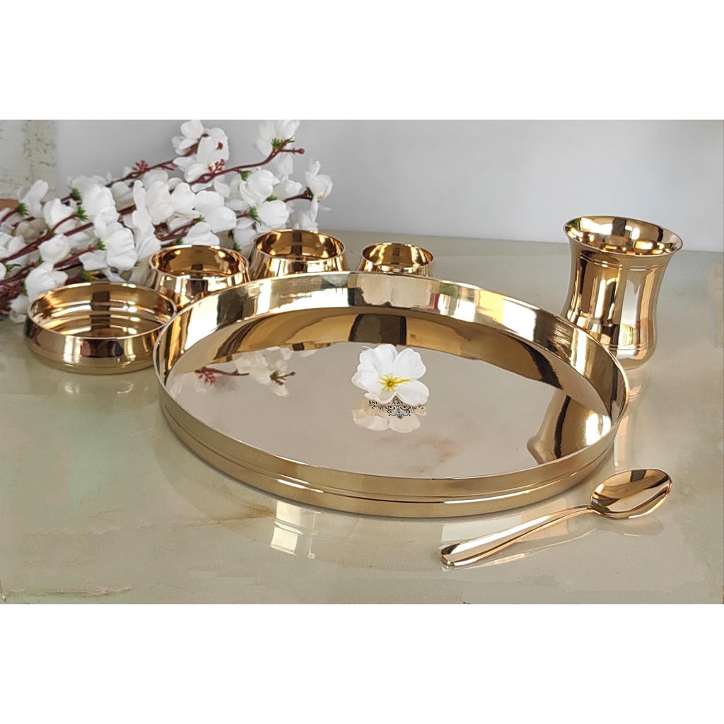 Indian Art Villa,  Handcrafted Pure Bronze Curve Shaped 7 Pieces Dinner Set | Thali Set with  Mirror Shine Finish