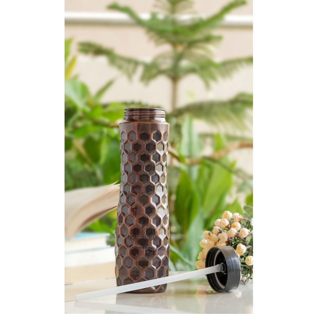 Indian Art Villa Copper Antique Dark Finish Water Bottle in Full Honeycomb Design with Sipper Cap, Volume- 900 ML