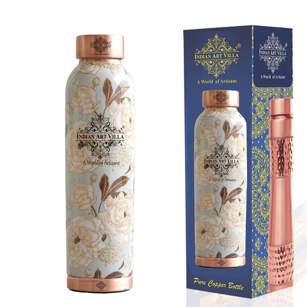 Indian Art Villa Handcrafted Pure Copper Blue & Gold Flower Print Design Water Bottle, 900 ML