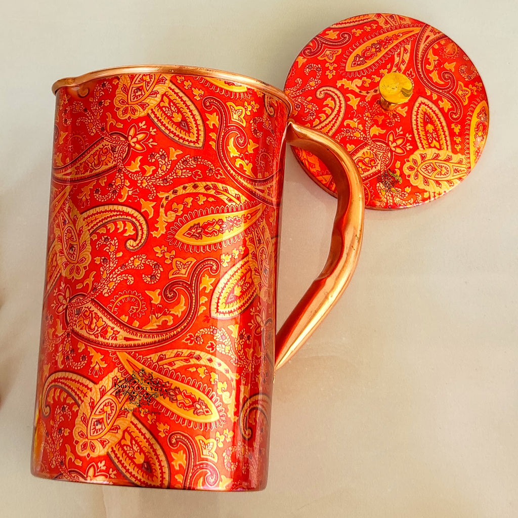 IndianArtVilla Printed Paisley Design, Copper Jug Pitcher, Storage & Serving Water, Yoga Ayurveda Healing