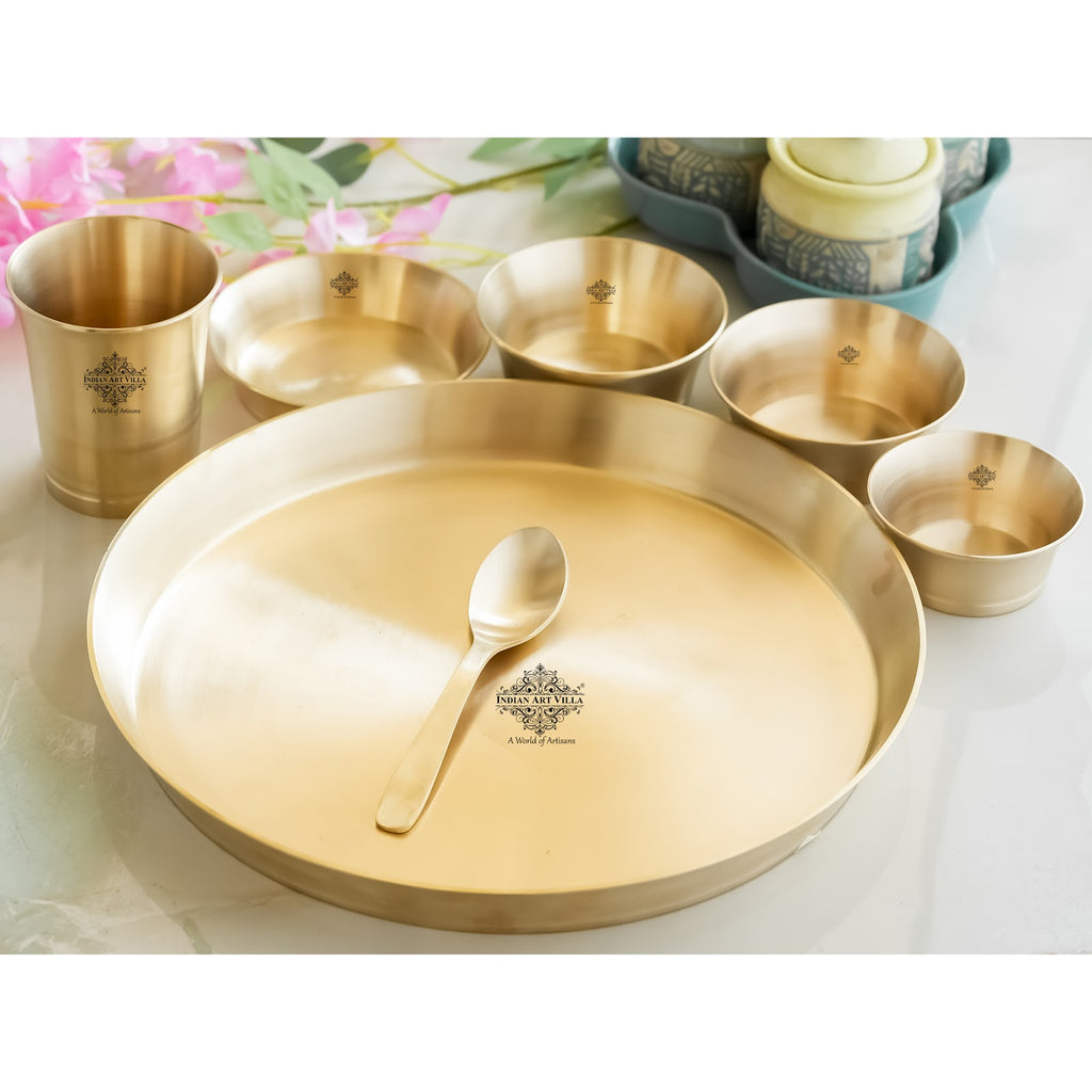 IndianArtVilla Pure Brass Matt Finish Design Thali Set|Dinner Set,  7 Piece