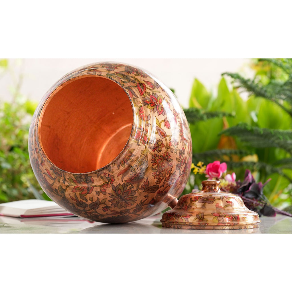 IndianArtVilla Pure Copper Water Pot | Dispenser | Matka with Printed Flower & Leaf Design, 13 Ltr.