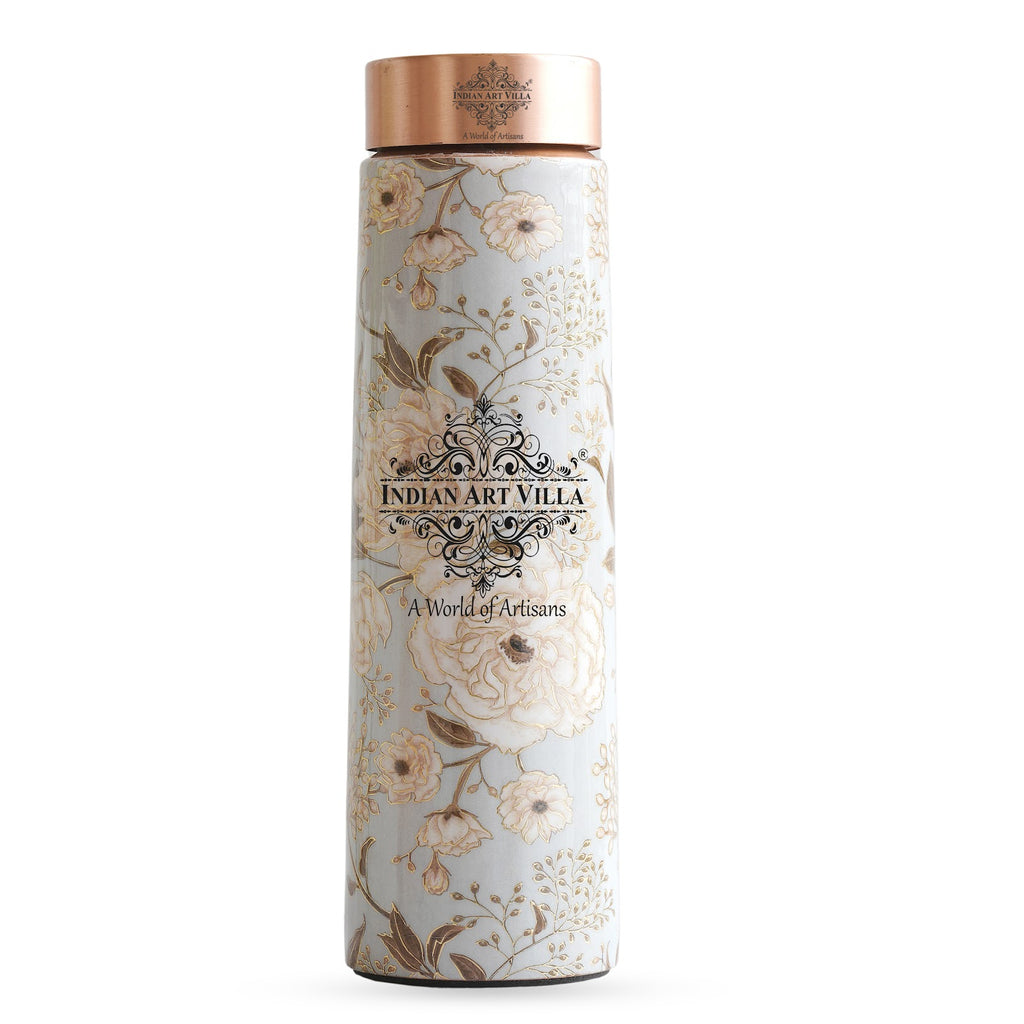 Indian Art Villa Pure Copper Handcrafted Water Bottle With Gold Flower Print Design, 800 ML