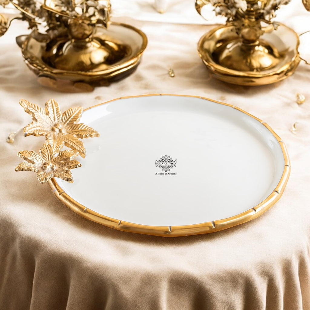 Indian Art Villa Brass Finish Decorative Serving Platter with Flower Design, Luxurious Serveware for Home Décor