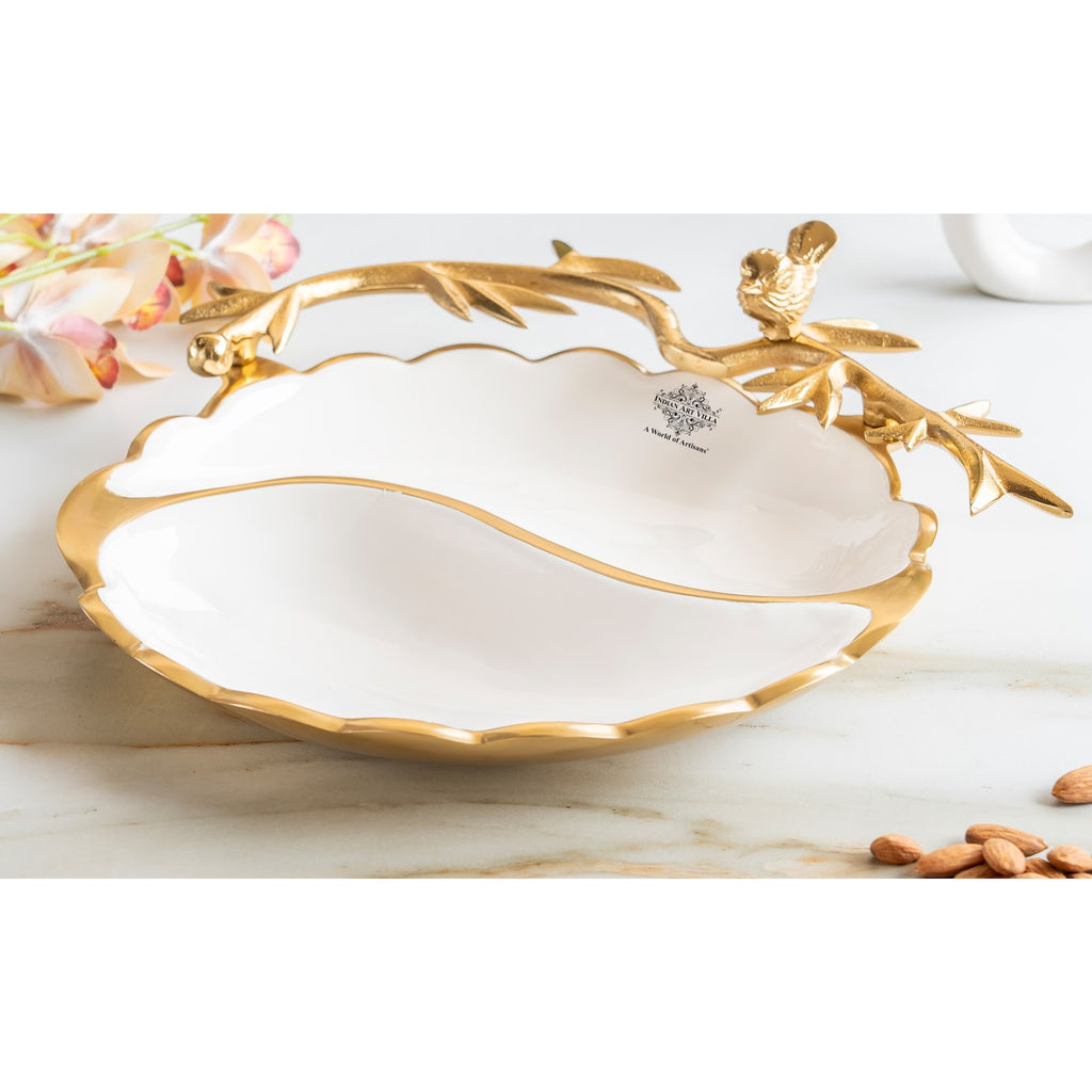 Indian Art Villa Brass Finish Decorative Serving Platter with Bird Design, Serveware for Home Décor, Gifting, and Special Occasions