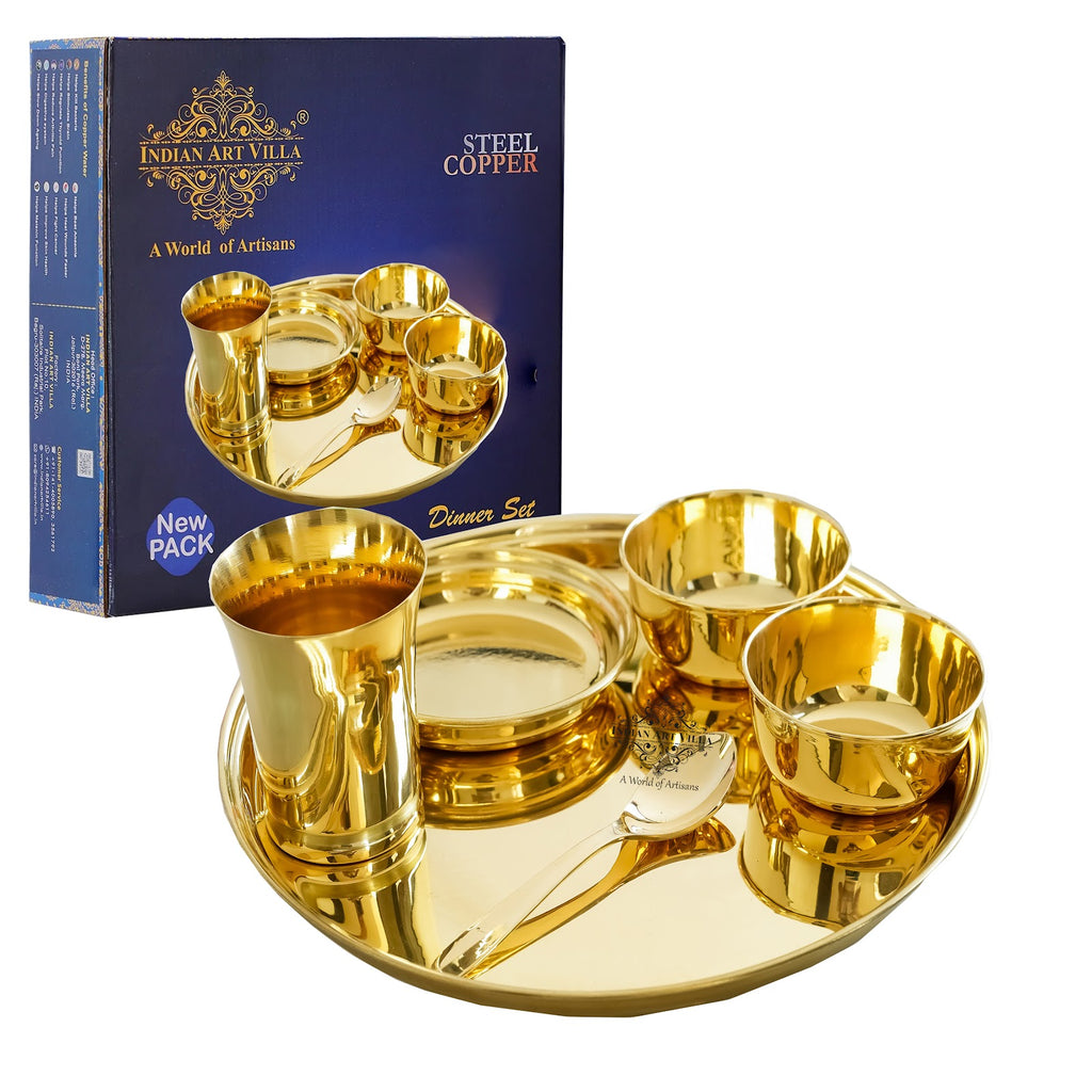 IndianArtVilla Brass Gold Shine Finish Design Thali Set | Dinner Set, Lead Free, Light weight, 6 Piece