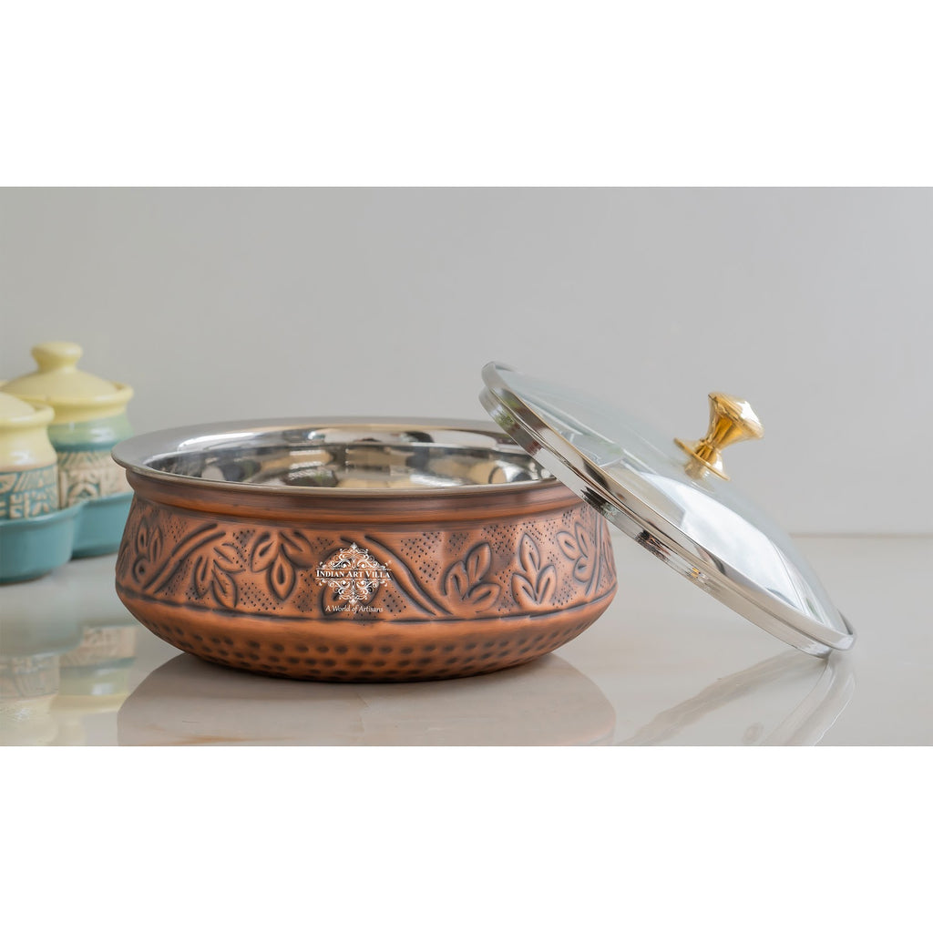 Indian Art Villa Premium Steel Copper Handi with Antique Finish, Intricate Embossed Design, and Glass Lid - Perfect for Serveware And Tableware.