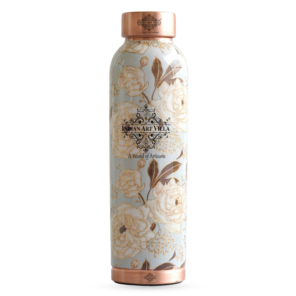 Indian Art Villa Handcrafted Pure Copper Blue & Gold Flower Print Design Water Bottle, 900 ML