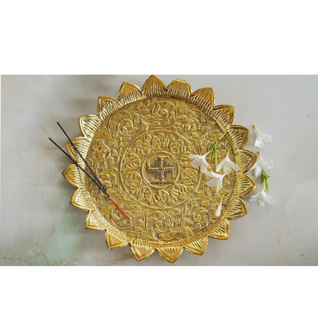 Indian Art Villa Pure Brass Sunflower Design Pooja Thali | Pooja Temple Home