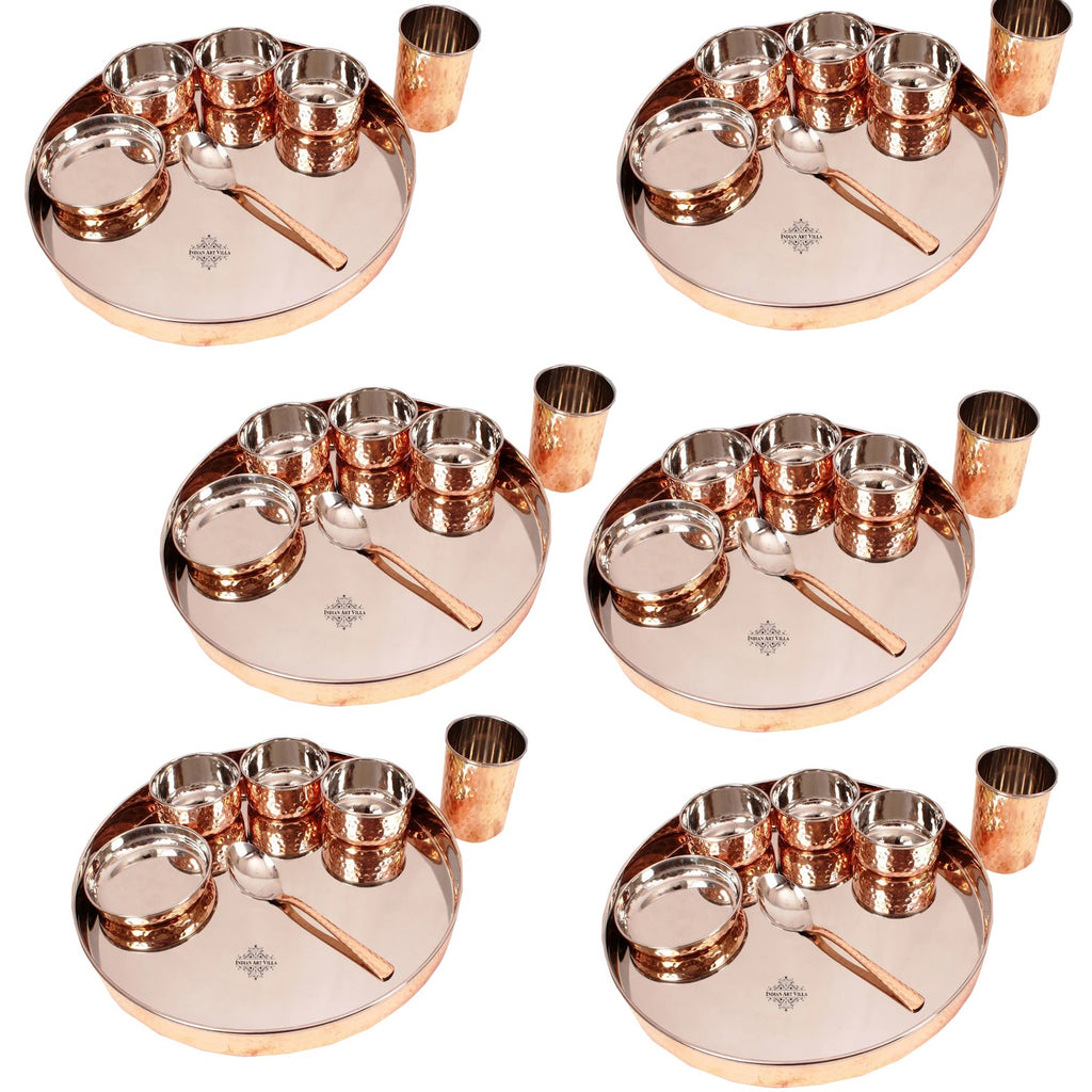 IndianArtVilla Pure Copper Steel Hammered design 7 Piece Kitchen Dinner Set