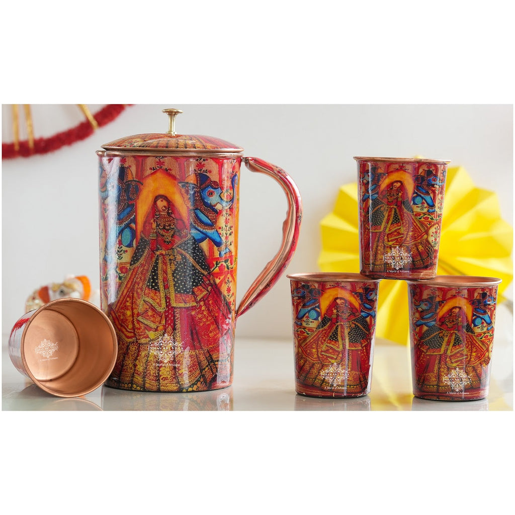 Indian Art Villa, Rajasthani Meena "Padharo Mhare Desh" Printed theme Copper Jug & Glass Gif Set, Ayuvedic Drinkware