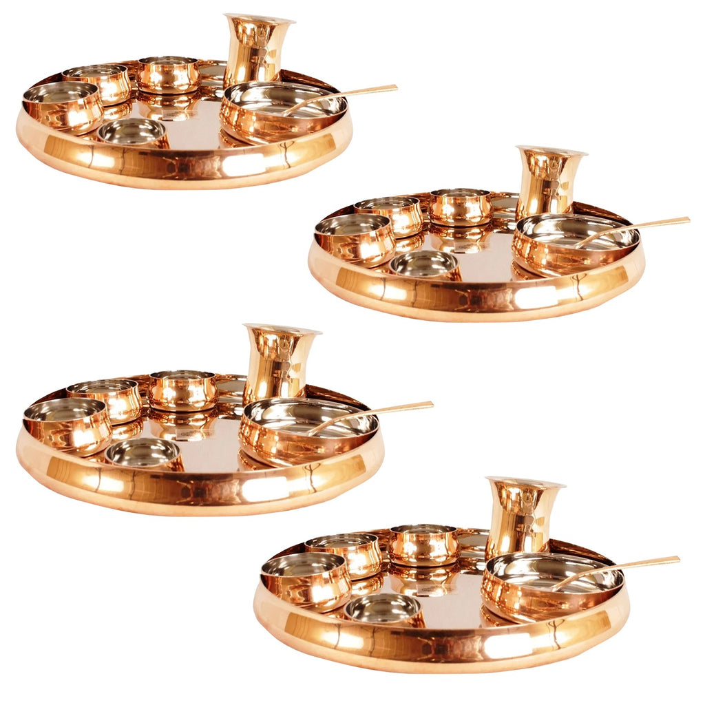 Indian Art Villa Handcrafted Pure Steel Copper Curved Design 8 Pieces Dinner Set, Tableware, Serveware