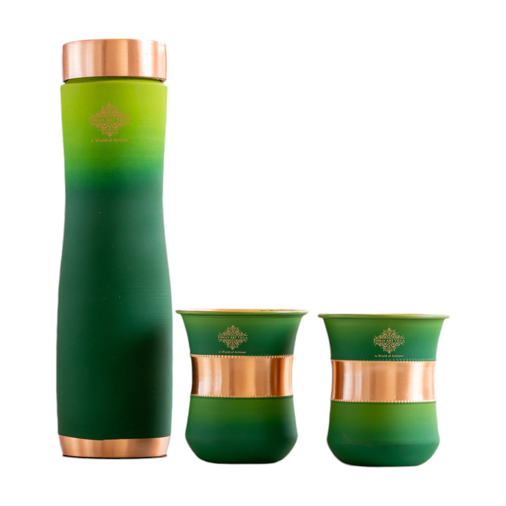 Indian Art Villa Green Pyramid Ombre copper bottle with 2 Copper Glass | Gift Set| Bottle-950 Ml, Glass-320 Ml