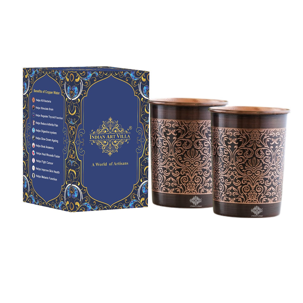 Indian Art Villa Handcrafted Pure Copper Glass, Dark Embossed Design, Drinkware, Serveware