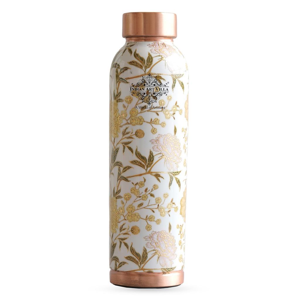 Indian Art Villa Handcrafted Pure Copper Gold Floral Print Design Water Bottle, 900 ML