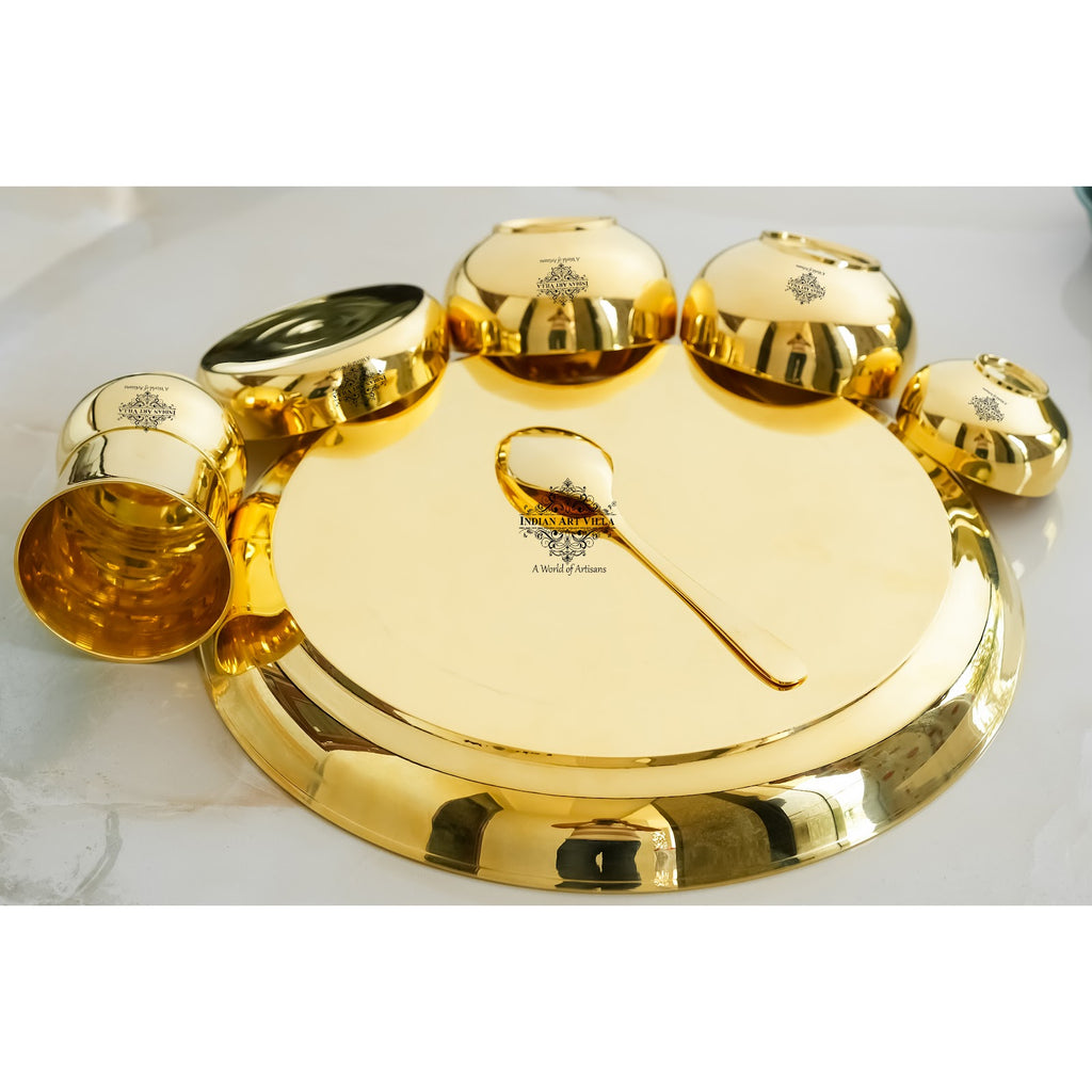 Indian Art Villa Pure Brass Dinner Set Shine FInish Design Set of 7 Piece, 30.48 cm thali