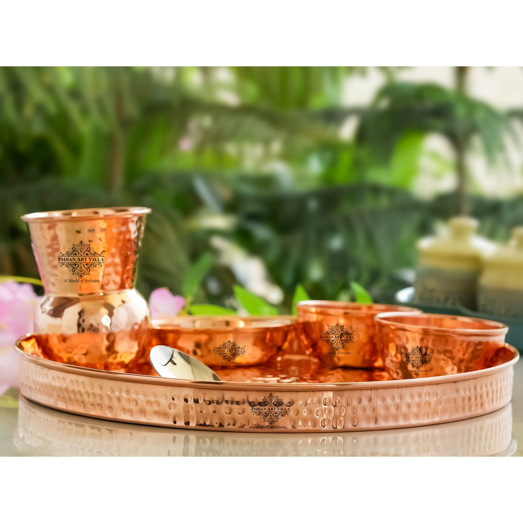 IndianArtVilla Pure Copper Hammered  Design, 6 Pieces Dinner Set, 30.48 cm Thali