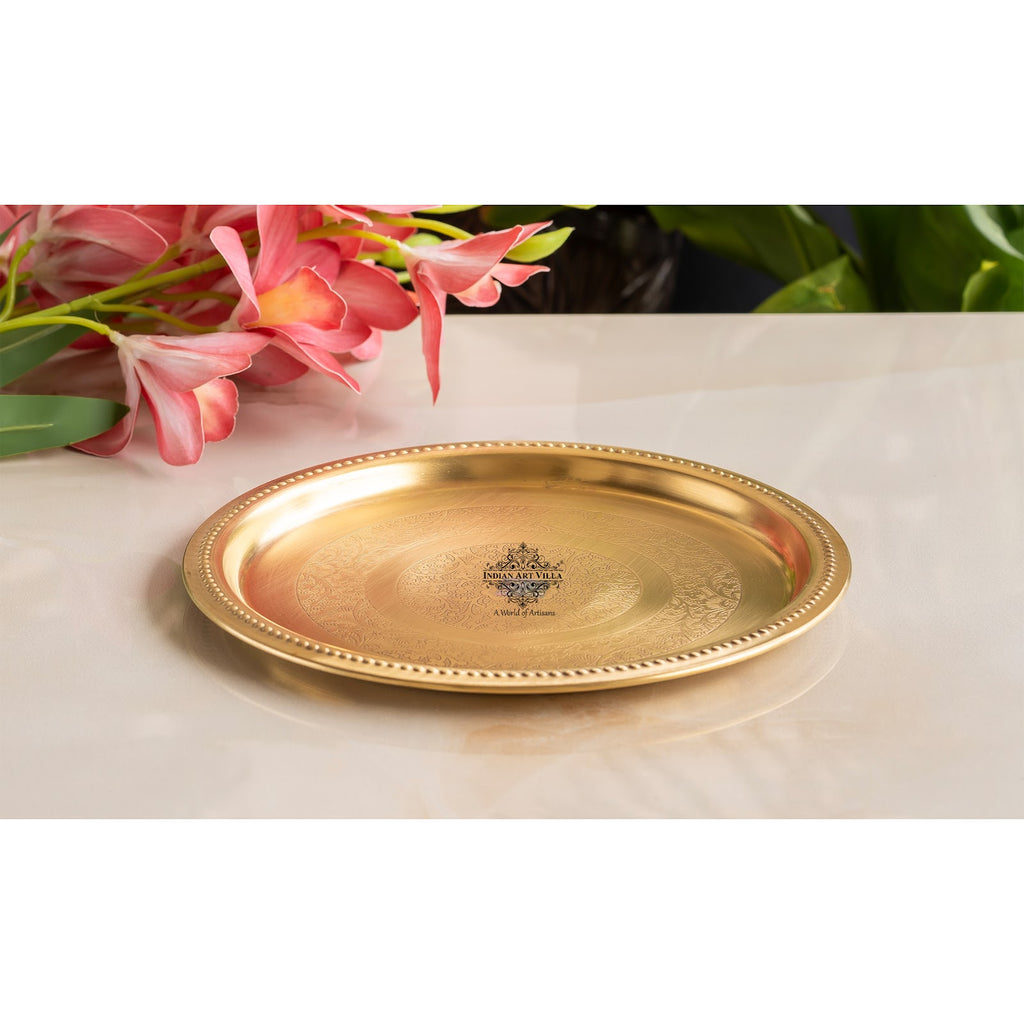 Indian Art Villa Brass Thali Plate  Antique Matte Finish with Double Ring Floral Design, Perfect for Puja, Festive Gifting, and Home Decor