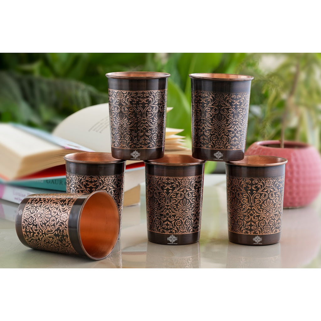 Indian Art Villa Handcrafted Pure Copper Glass, Dark Embossed Design, Drinkware, Serveware