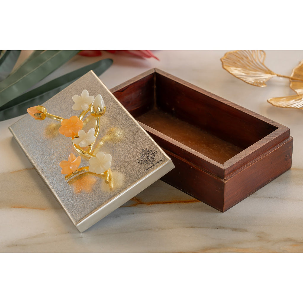 Indian Art Villa Wooden Decorative Box with Silver-Plated Leaf and Flower Design, 20 cm–  Perfect for Festivals, Occasions & Gift