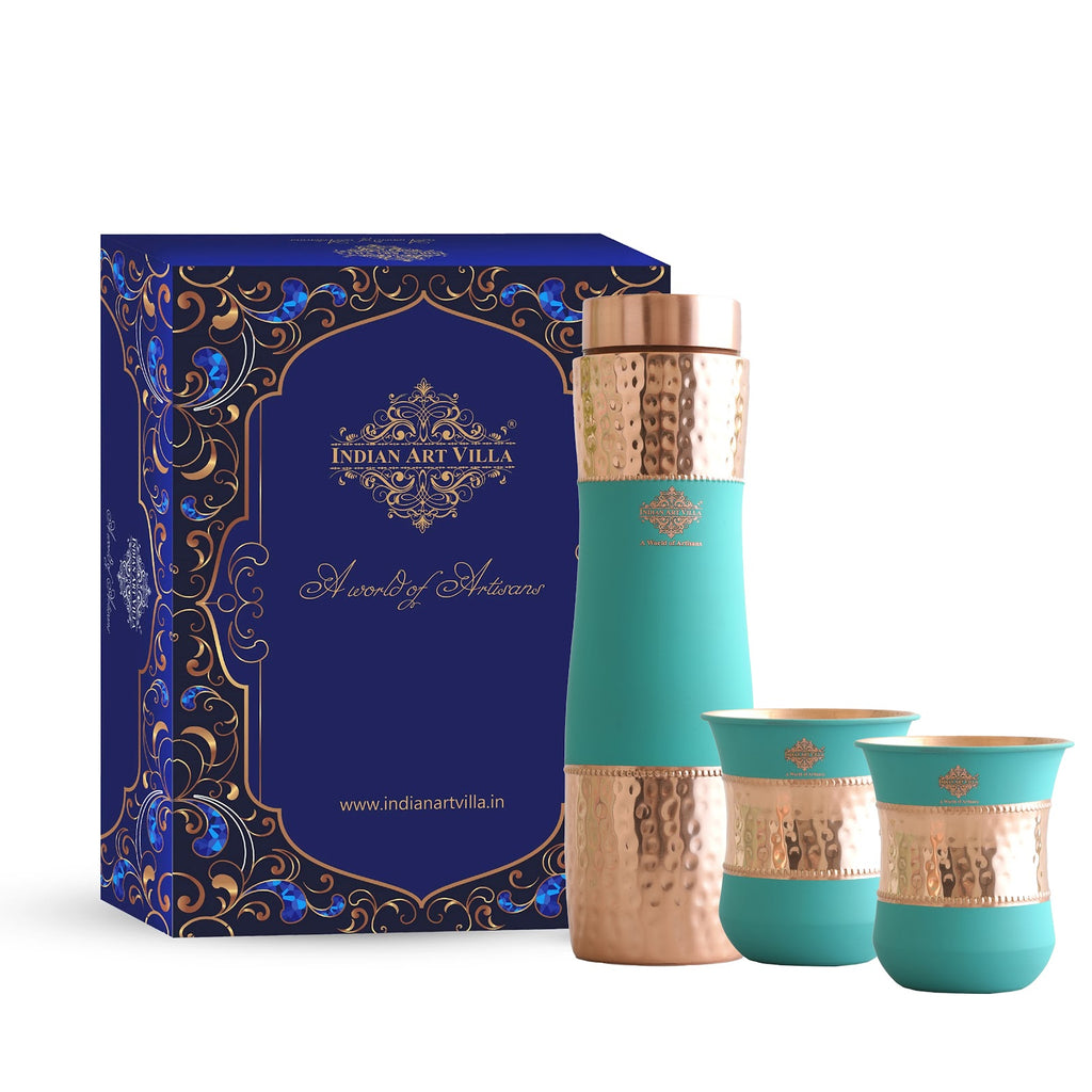 Indian Art Villa Pure Copper Drinkware Gift Set of 2 Glass and 1 Bottle in Turquoise Silk Finish Design