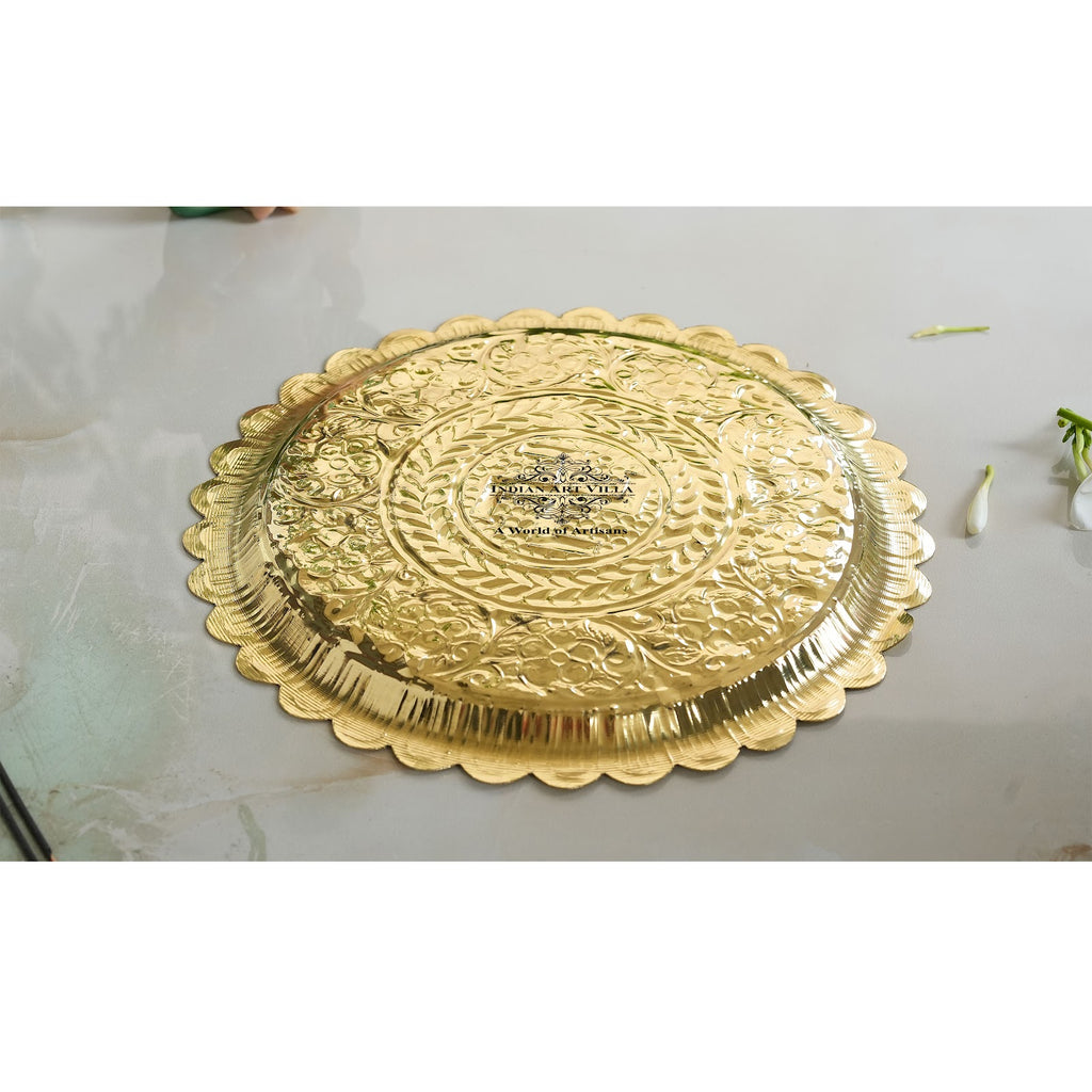 Indian Art Villa Pure Brass Swastik Design Pooja Thali Plate | Poojan Temple Home |Diameter 26.67 CMS