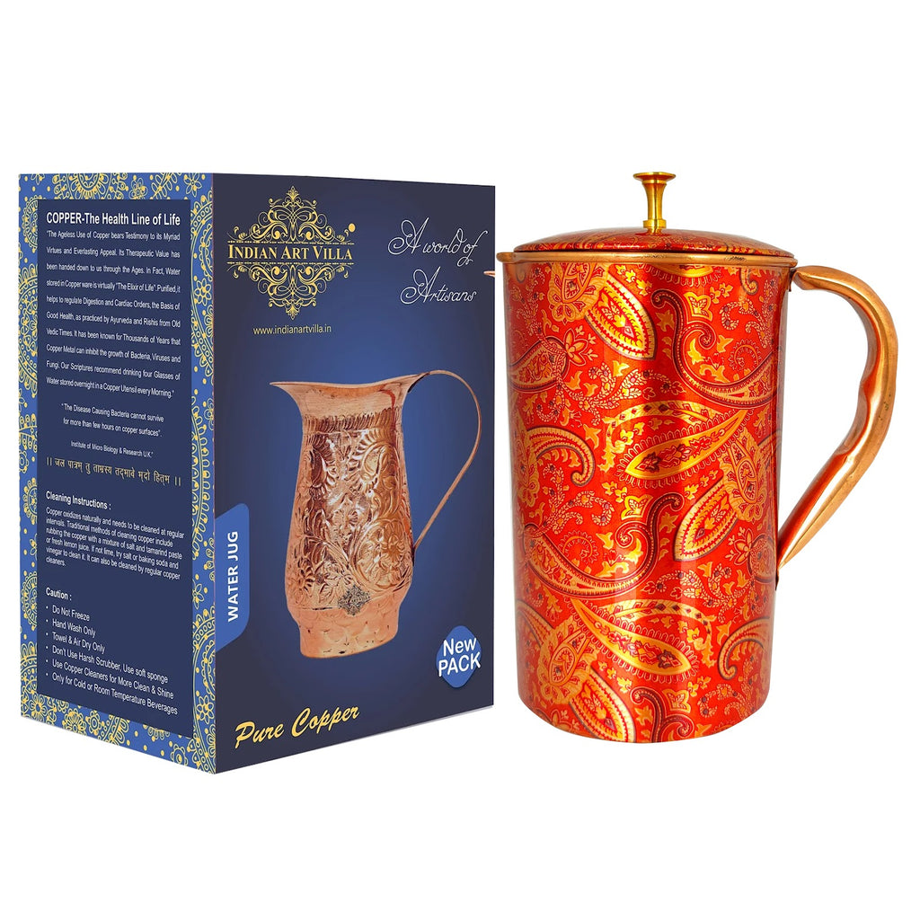 IndianArtVilla Printed Paisley Design, Copper Jug Pitcher, Storage & Serving Water, Yoga Ayurveda Healing