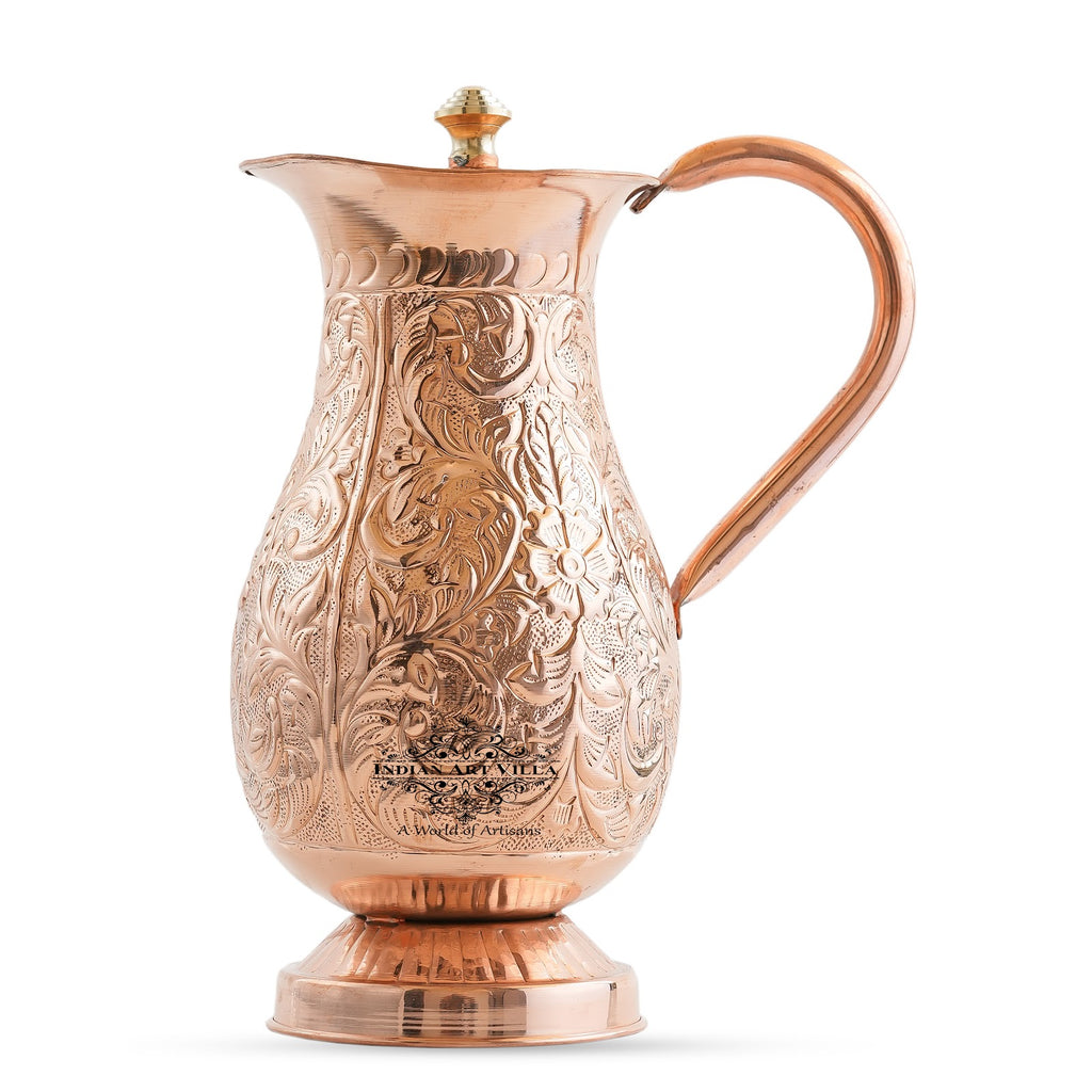 Indian Art Villa Handmade Pure Copper Embossed Mughlai Design Jug with Lid - 1500 ML