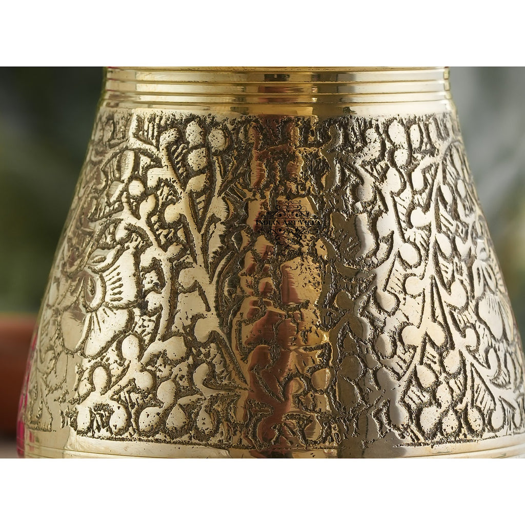 IndianArtVilla Pure Brass Glass Parsi Lota Embossed Design, Spiritual Item, 200 ML