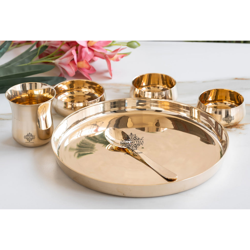 Indian Art Villa Bronze 6-Piece Dinner Set – Shine Finish Design Thali set, Traditional Indian Dinnerware for Home & Special Occasions