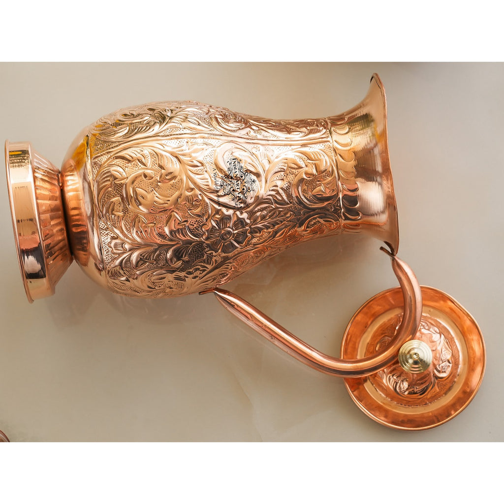 Indian Art Villa Handmade Pure Copper Embossed Mughlai Design Jug with Lid - 1500 ML