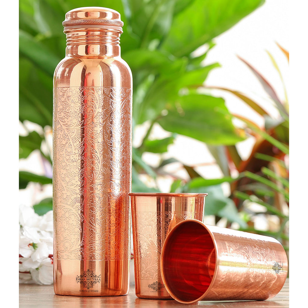 IndianArtVilla Set of Pure Copper Embossed Leak Proof Water Bottle & Two Glasses with a Gift Box, Drinkware