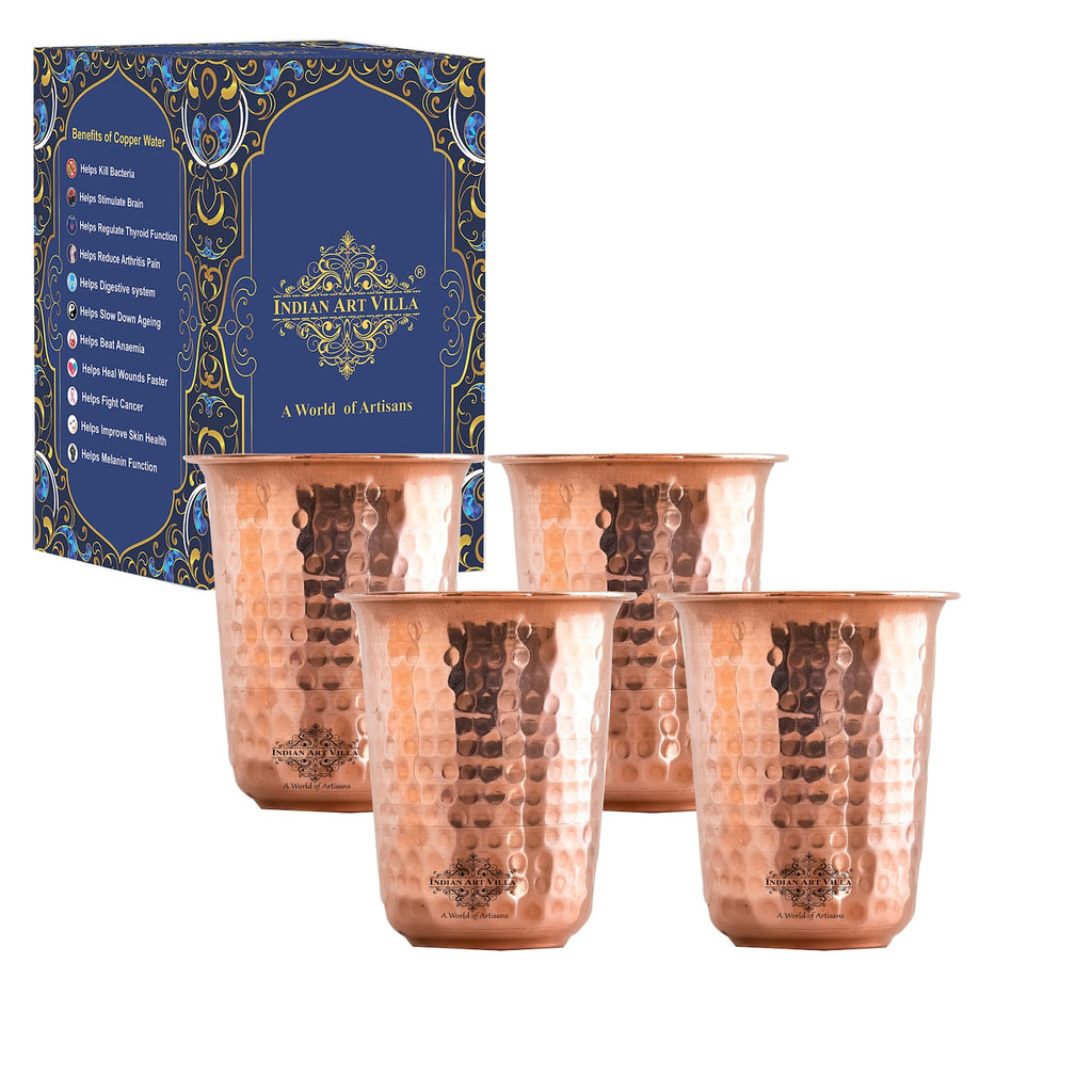 Indian Art Villa Handcrafted Pure Copper Hammered Design Glass | Goblet | Tumbler, 300ml