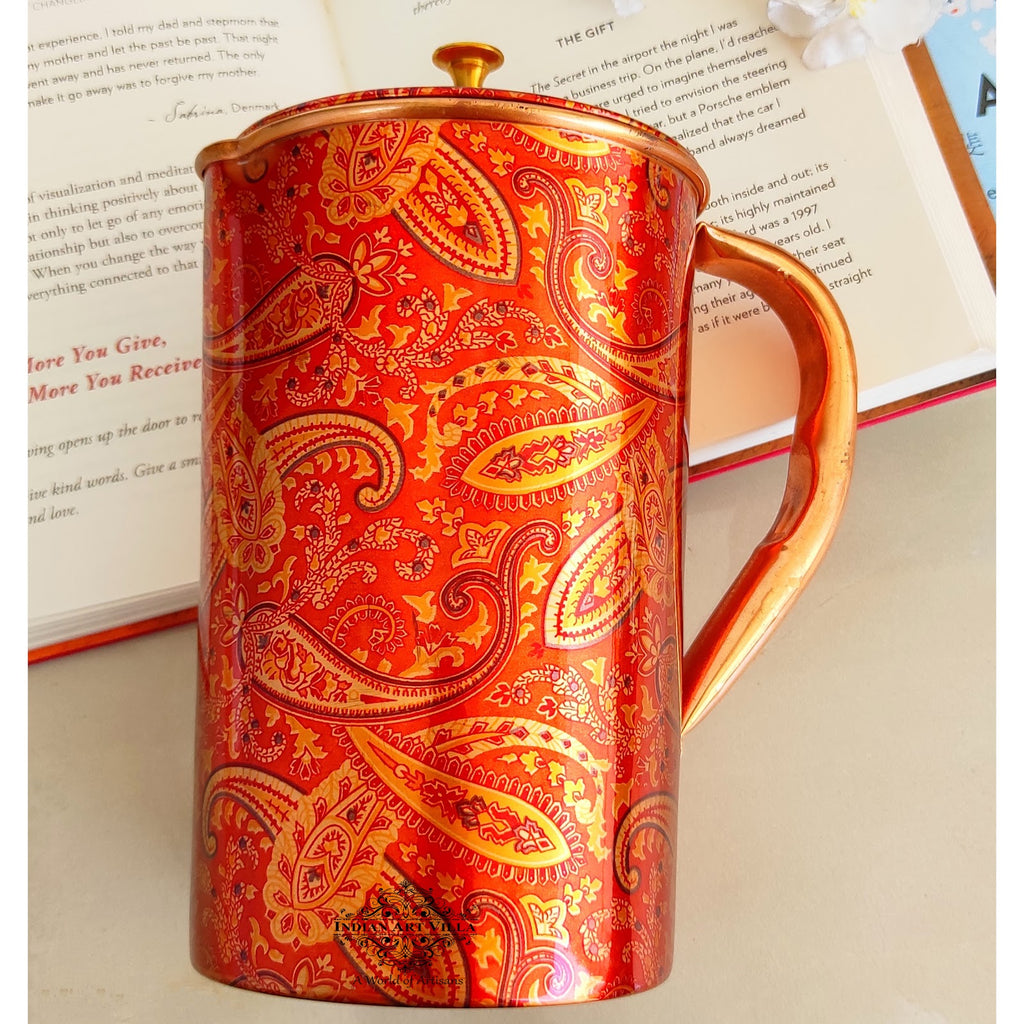 IndianArtVilla Printed Paisley Design, Copper Jug Pitcher, Storage & Serving Water, Yoga Ayurveda Healing