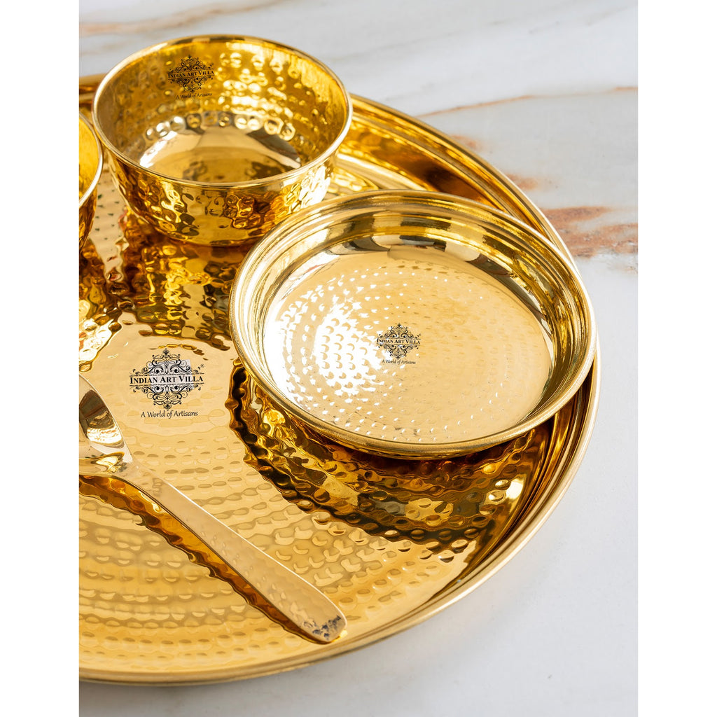 Indian Art Villa Brass Gold Shine Finish Design Thali Set | Dinner Set|Lead Free, Light weight, 6 Piece