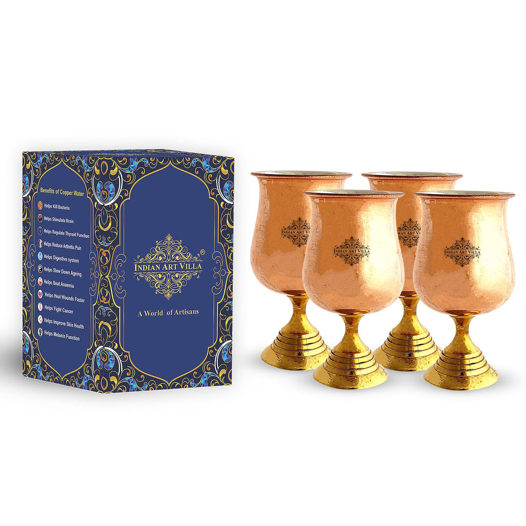 Indian Art Villa Steel Copper Goblet Glass with Brass Botom, Serving Drinking Water, Volume 300 ML, Silver & Brown