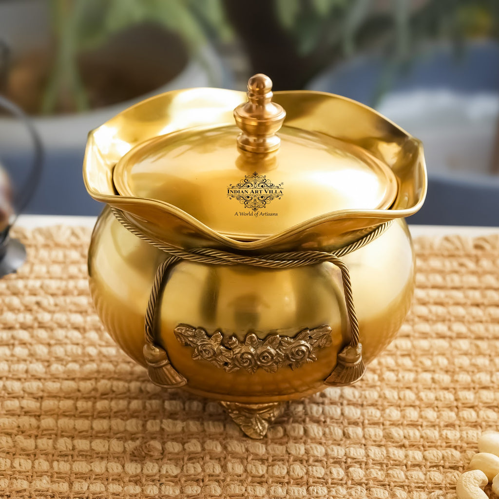 Indian Art Villa Pure Brass Handcrafted Decorative Handi | Pot with Lid and Floral Design, Serveware, Tableware