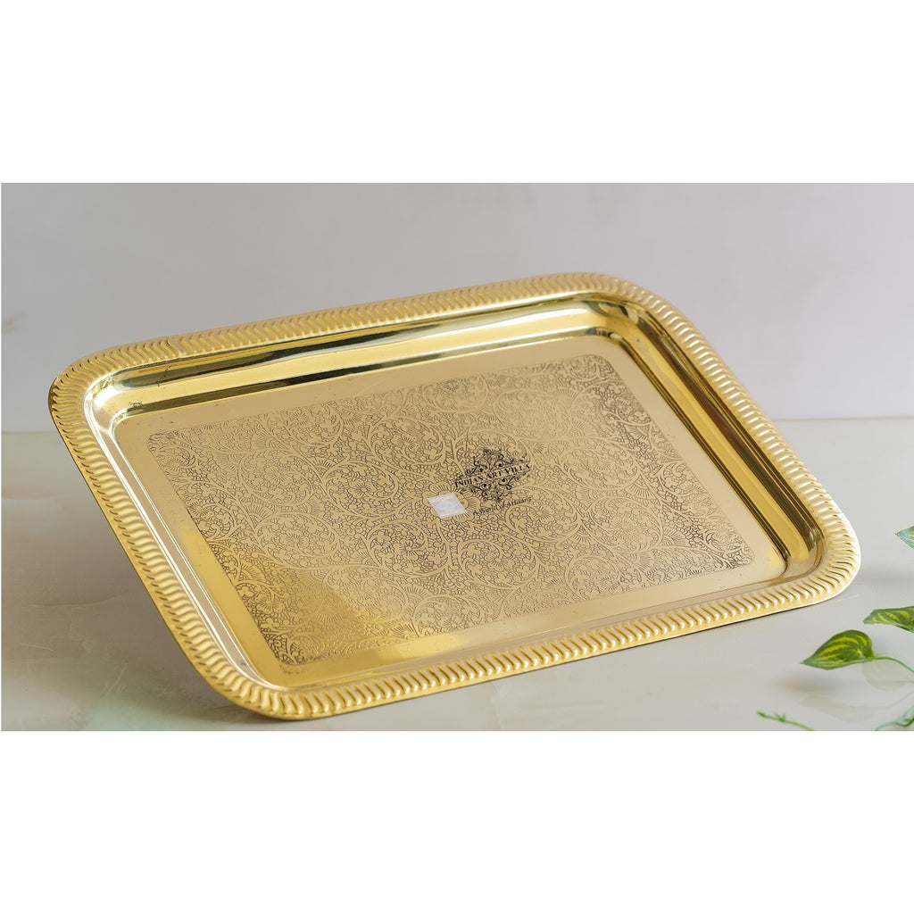 Indian Art Villa Brass Embossed Design Tray with beautiful Edges, Serveware, Tableware