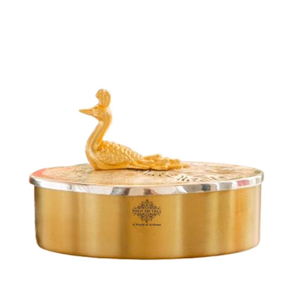 Indian Art Villa Silver Plated Brass Decorative Box With Peacock Design Knob, Ideal For Gifting