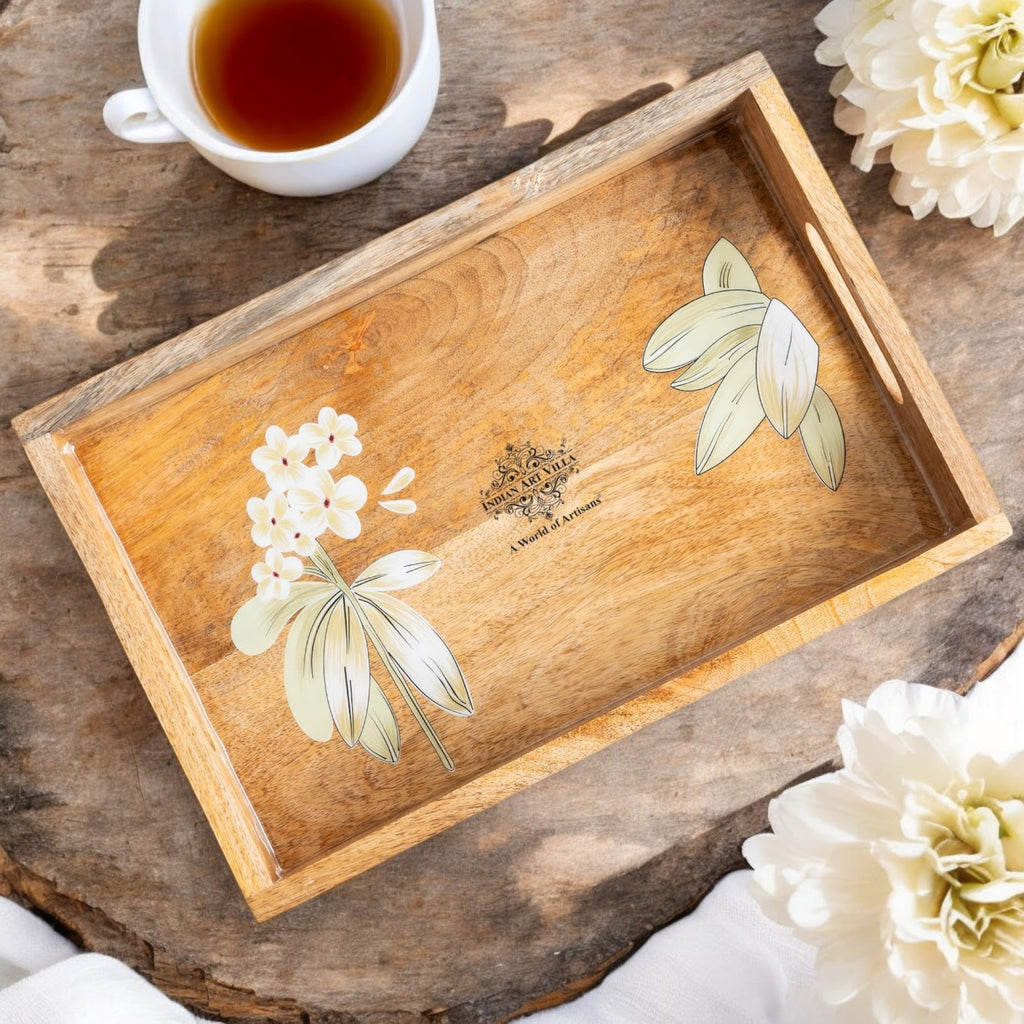 Indian Art Villa Wooden Tray with Plumeria Flower Design, Multipurpose Serving Tray for Tea, Coffee, Snacks, Home Decor, Gift Hampers