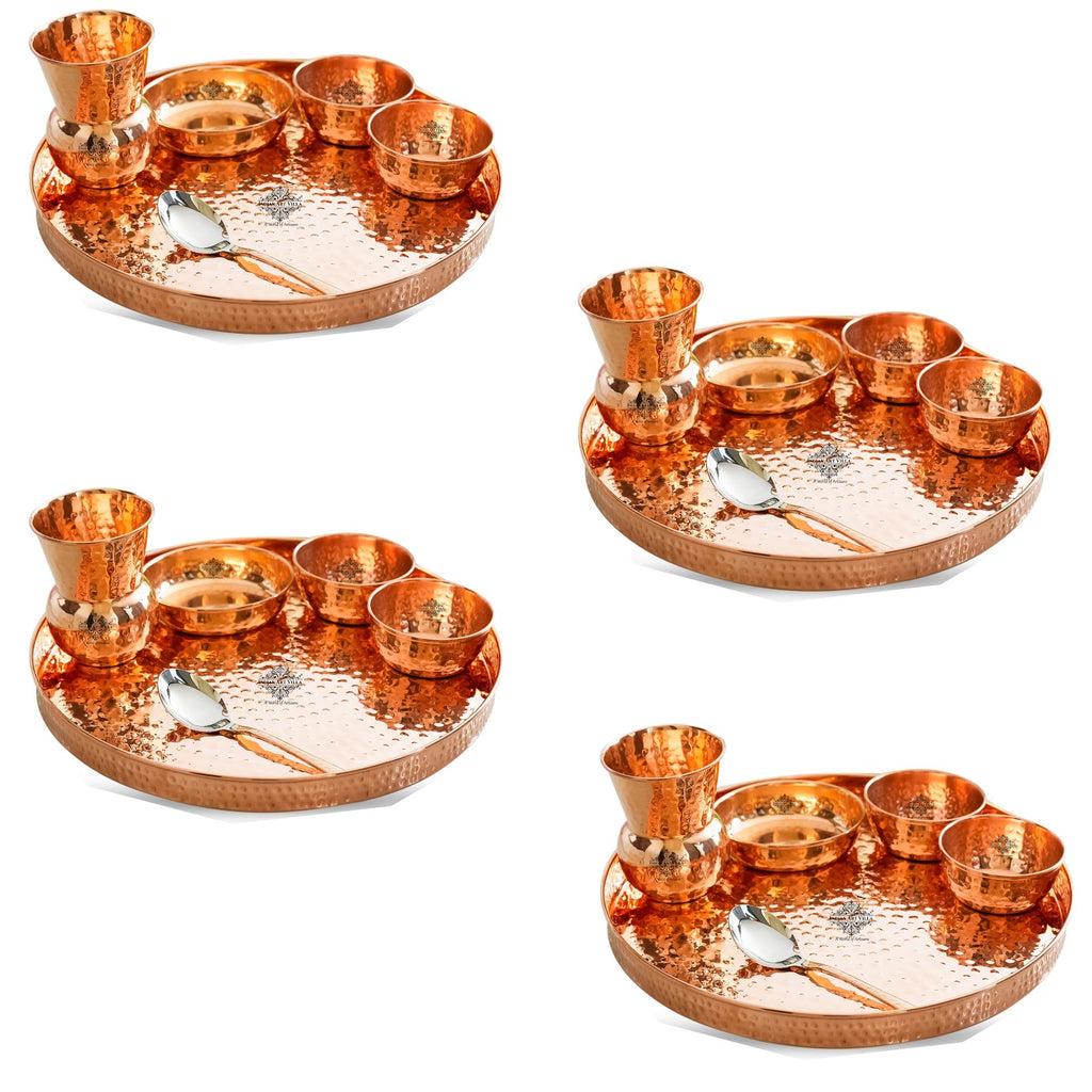 IndianArtVilla Pure Copper Hammered  Design, 6 Pieces Dinner Set, 30.48 cm Thali