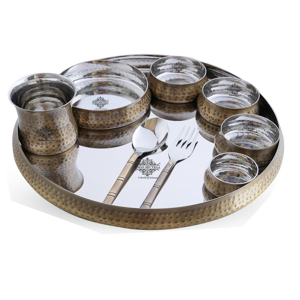 Indian Art Villa Steel Brass Curve Thali Set 9 Piece, Hammered Antique Finish Design Dinner Set