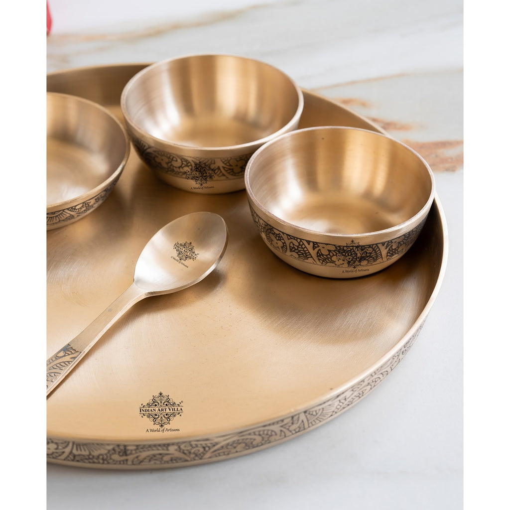 Indian Art Villa Bronze Thali Set – 6-Piece Matt Embossed Dinnerware Set with 1 Thali, 1 Glass, 1 Spoon, 1 Small Plate, and 2 Bowls, Ideal for Everyday Dining & Festive Occasions