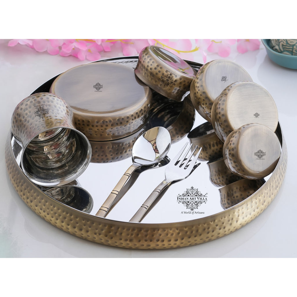 Indian Art Villa Steel Brass Curve Thali Set 9 Piece, Hammered Antique Finish Design Dinner Set