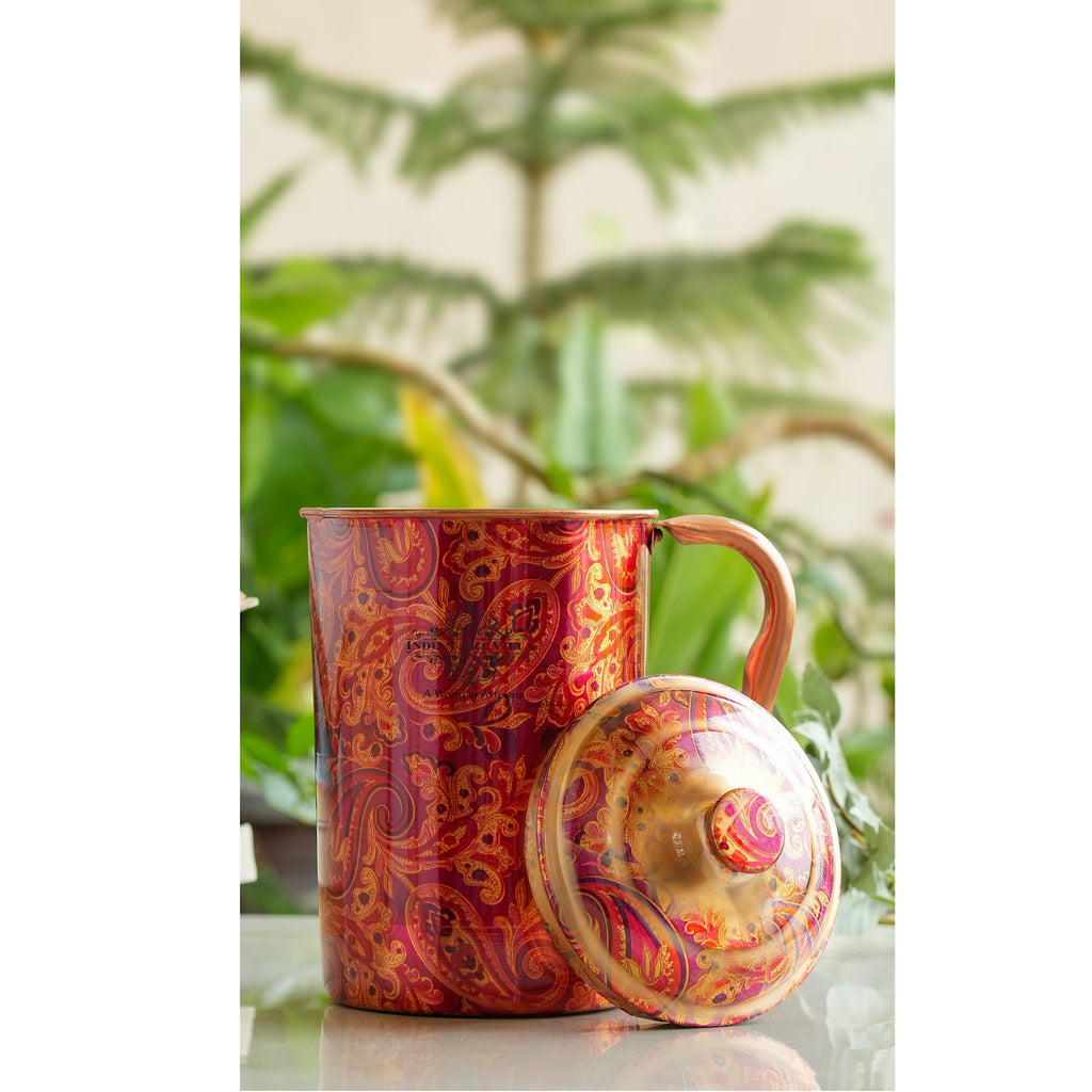 IndianArtVilla Handmade Pure Copper Jug With Red Floral Abstract Print Design, Volume-2000 ML