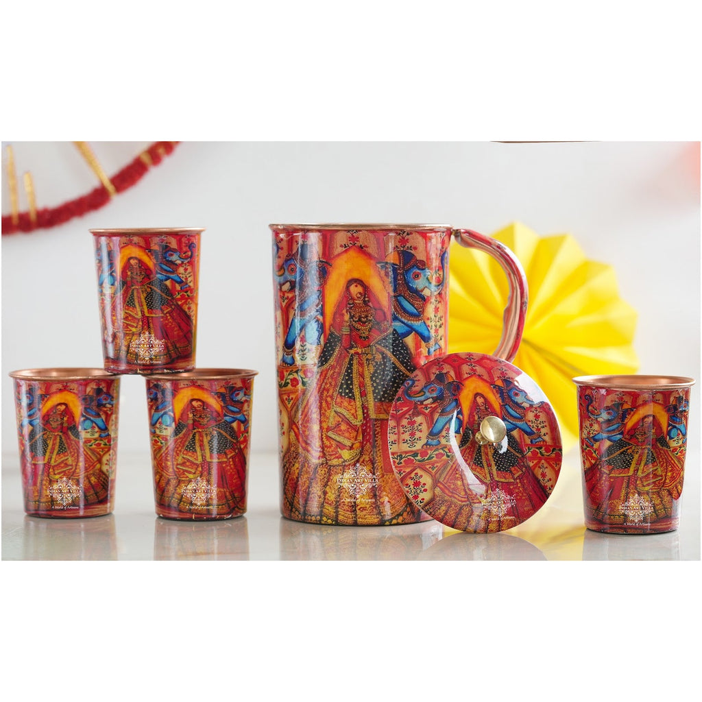 Indian Art Villa, Rajasthani Meena "Padharo Mhare Desh" Printed theme Copper Jug & Glass Gif Set, Ayuvedic Drinkware