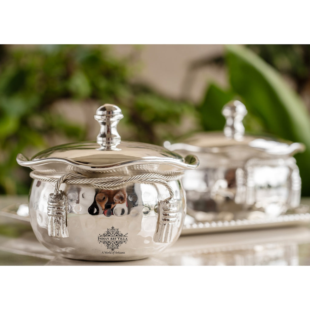 Indian Art Villa Silver-Plated Hammered Bowl with Lid & Spoon - Elegant Gift Box Set for Special Occasions